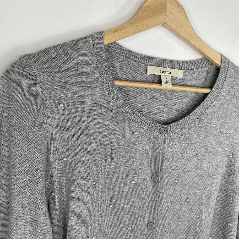 Sejour Women Grey Faux Pearl Button Down Cardigan Sweater Plus Size 1X - Picture 4 of 8